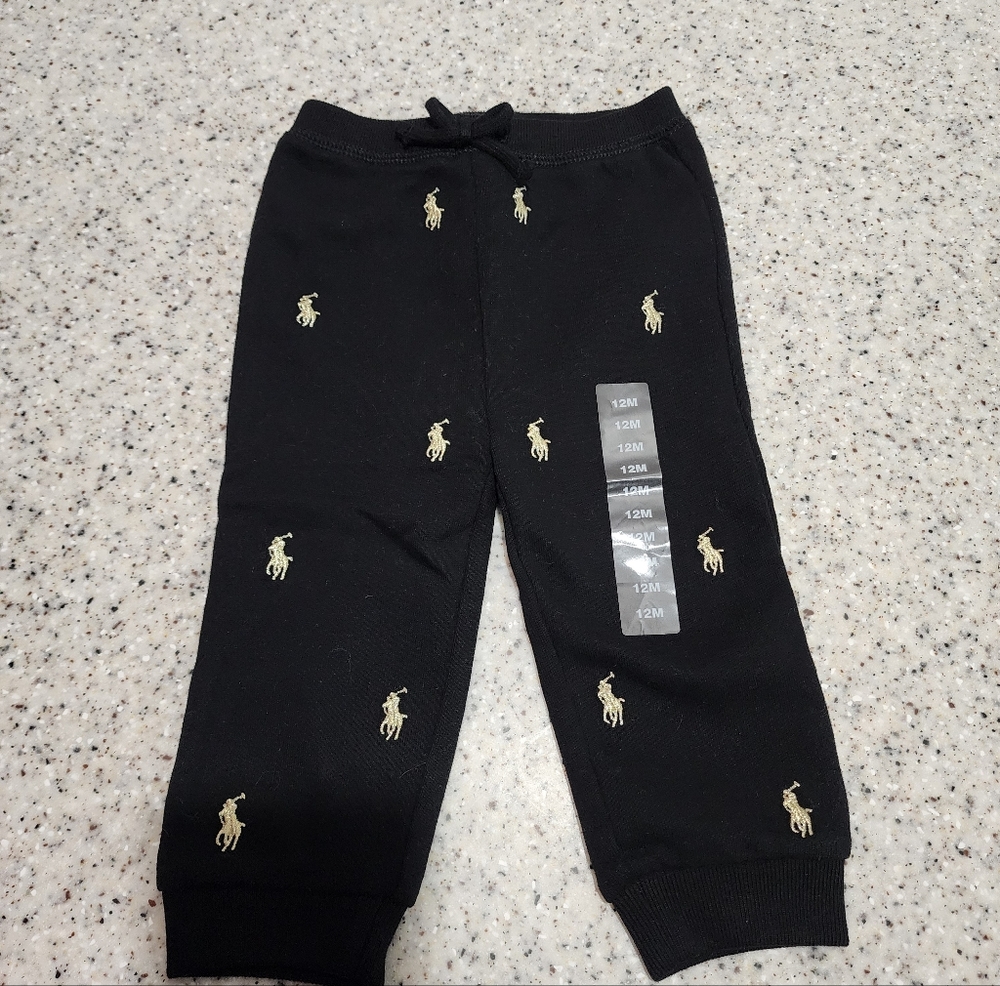 Ralph Lauren Black Joggers with Gold Polo Logo Size 12m NWOT